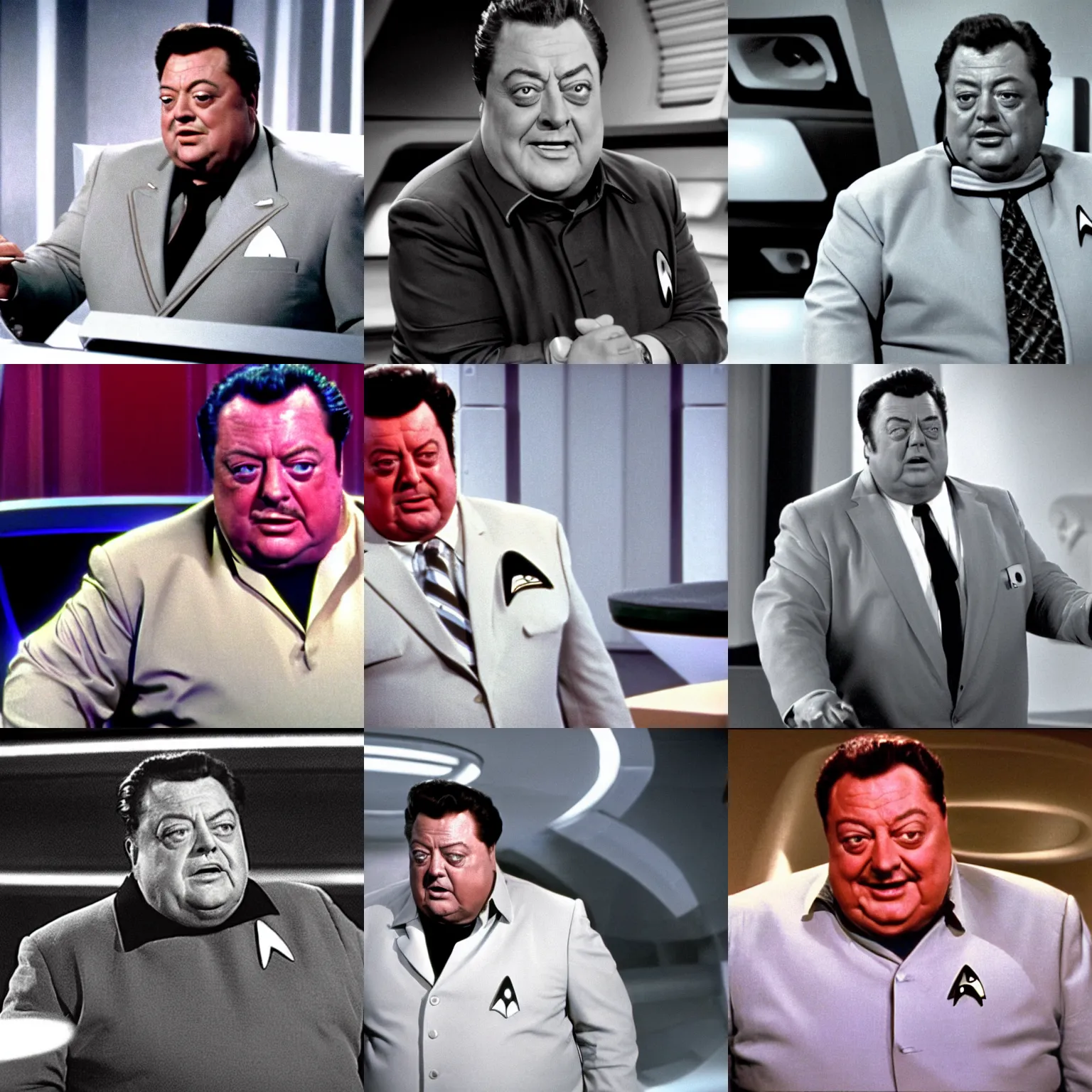 Prompt: a still of jackie gleason in an episode of star trek : the next generation, tv still, hq, sharp, highly detailed