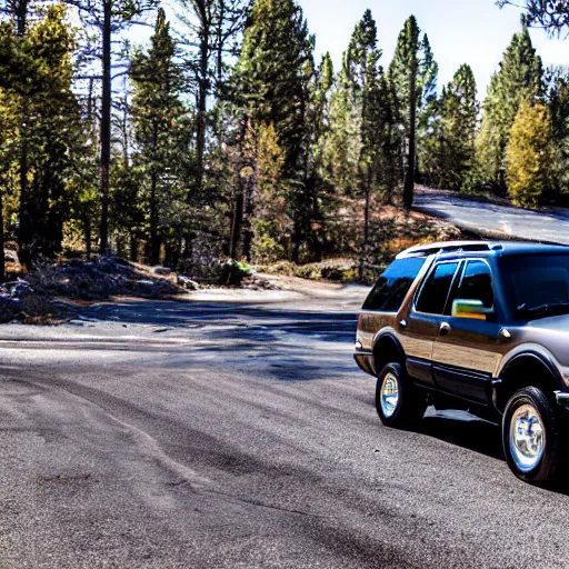 Image similar to 1998 black Ford Explorer, car photography, taken in big bear lake California