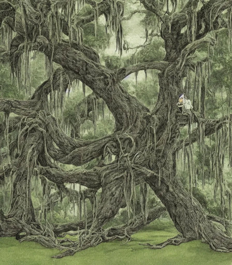 Image similar to southern plantation mansion trees hanging moss abandoned decay illustration by maurice sendak