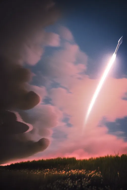 Prompt: hyperdetailed photograph of a futuristic rocket launching and leaving huge plumes of smoke, cinematic, volumetric lighting, night, thunder