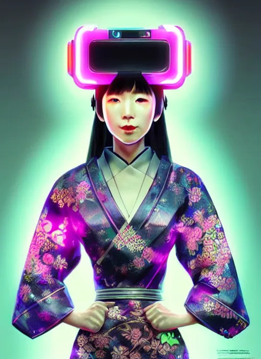 Image similar to portrait of female japanese android in elaborate kimono dress, wearing a vr headgear, hologram hovering around her, intricate detail, cyber neon lighting, highly detailed, digital photography, artstation, glamor pose, concept art, art by artgerm and greg rutkowski, pinterest, artstation,