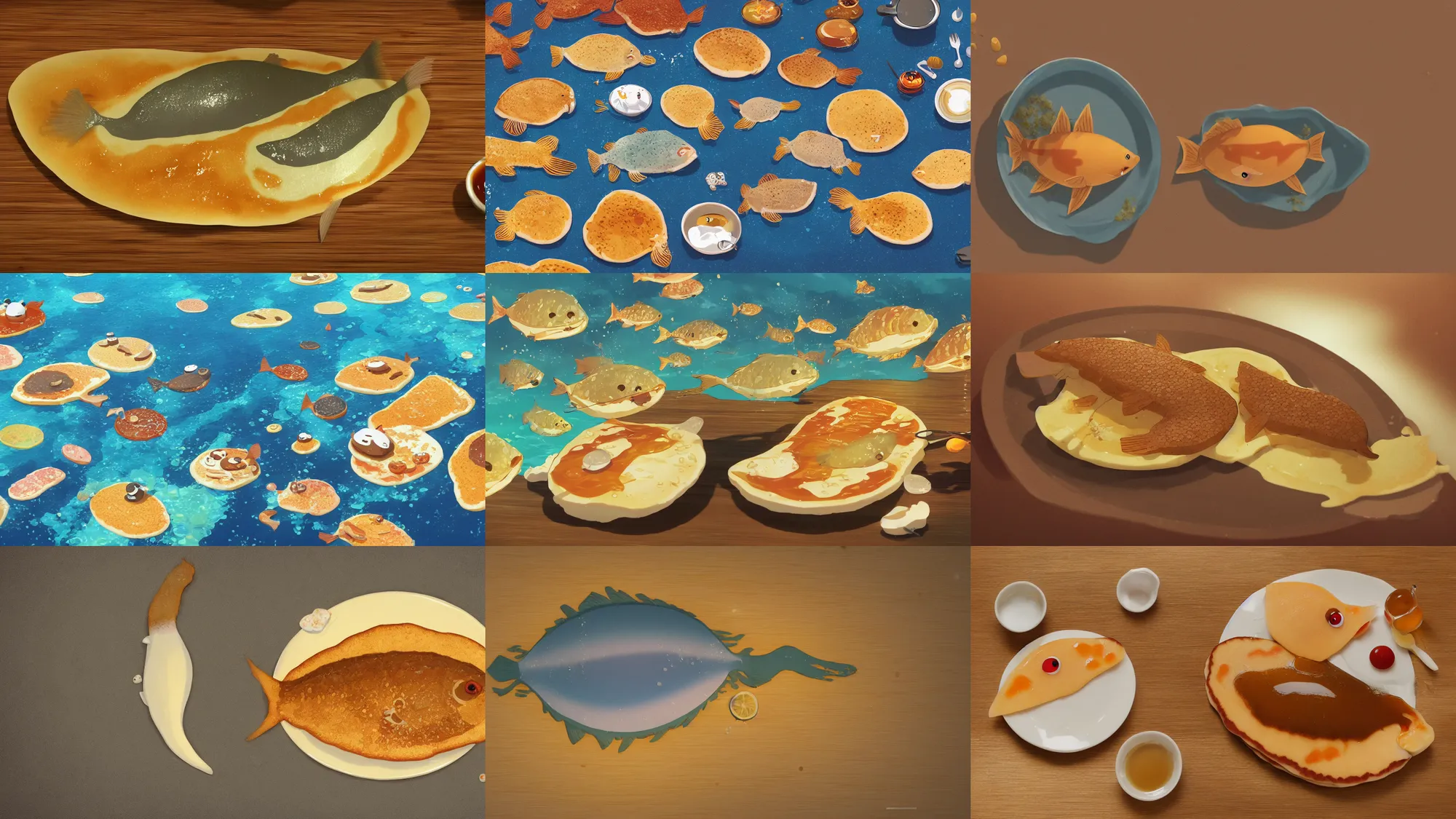 Prompt: happy flat pancake fish swimming in syrup, cute, 4 k, fish made of pancake, fantasy food world, living food adorable pancake, brown atmospheric lighting, by makoto shinkai, studio ghibli, chris moore