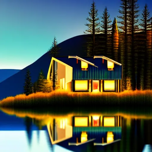 Image similar to small sci - fi cottage at the edge of a lake in the mountains, retro illustration on parchment, soft glowing windows, early evening, reflections, pine trees,