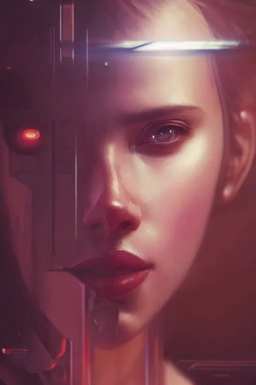 Image similar to a beautiful portrait of Scarlett Johansson as an attractive cyborg by Greg Rutkowski, Sung Choi, Mitchell Mohrhauser, Maciej Kuciara, Johnson Ting, Maxim Verehin, Peter Konig, final fantasy , mythical, 8k photorealistic, cinematic lighting, HD, high details, atmospheric,