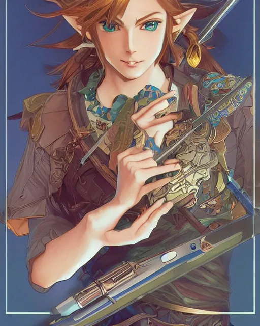 Image similar to if link was a real boy, beautiful shadowing, 3 d shadowing, reflective surfaces, 8 k, beautifully detailed pencil illustration, intricate, epic composition, masterpiece, bold complimentary colors. stunning masterfully illustrated by artgerm, range murata, alphonse mucha