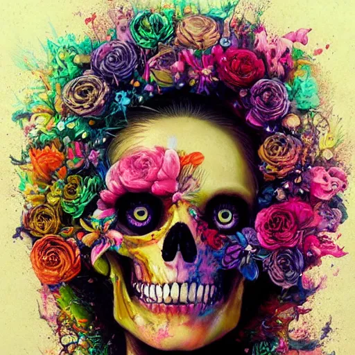 Image similar to art portrait of skeleton with colorful flowers exploding out of head,8k,by tristan eaton,Stanley Artgermm,Tom Bagshaw,Greg Rutkowski,Carne Griffiths,trending on DeviantArt,face enhance,hyper detailed,minimalist,cybernetic, android, blade runner,full of colour,