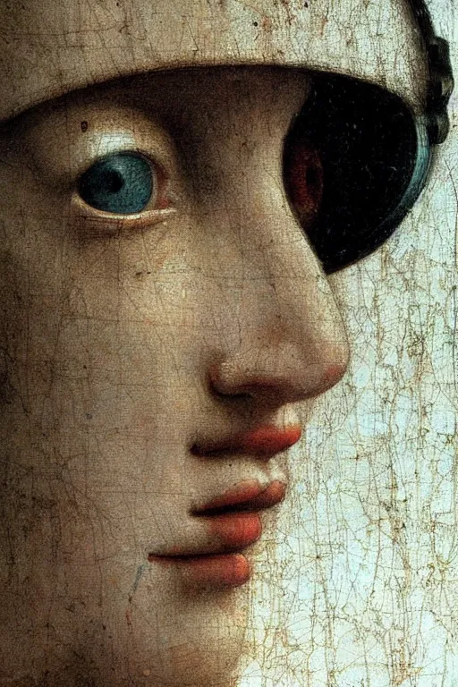 Image similar to a close - up portrait of a cyberpunk cyborg girl, by leonardo davinci, rule of thirds