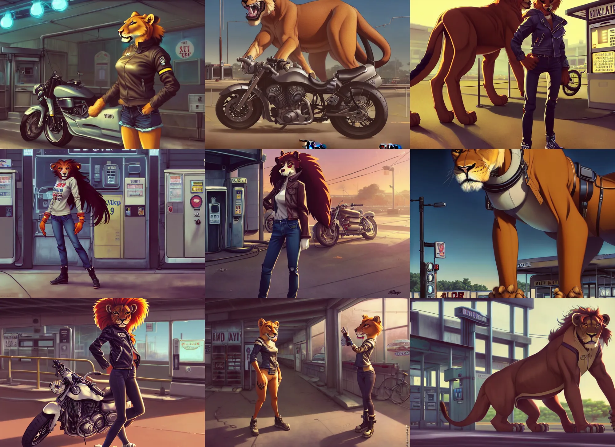 Prompt: wide angle beautiful full body portrait of a strong female anthropomorphic anthro lioness fursona wearing biker clothes at an old gas station. character design by disney, anime, manga, charlie bowater, ross tran, artgerm, and makoto shinkai, detailed, soft lighting, rendered in octane