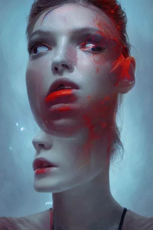 Image similar to 3 d, sci - fi, morning, fashion model face, sun, cinematic, lightning, clouds, vogue cover style, stanley kubrick, light red and orange mood, realistic painting, intricate oil painting, high detail, figurative art, multiple exposure, poster art, 3 d, by tooth wu and wlop and beeple and greg rutkowski