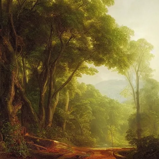 Image similar to hidden path leading through a peaceful morning forest after a rainstorm, wet, forest, by thomas cole, morning