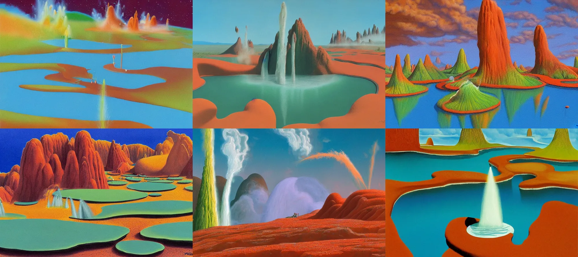 Prompt: Fly Geyser landscape in the style of Dr. Seuss, starships, painting by Ralph McQuarrie