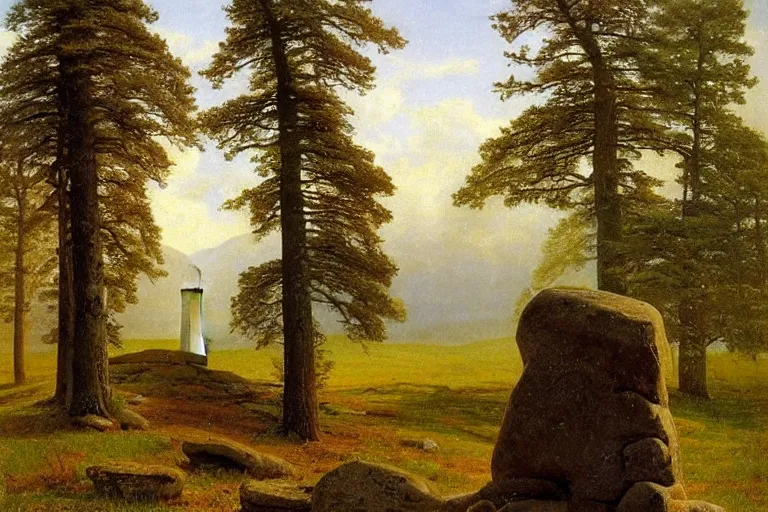 Prompt: runestone, runic inscription, megalithic, monument, nature, trees, focused, centered, very detailed, norse, history, oil painting, Albert Bierstadt