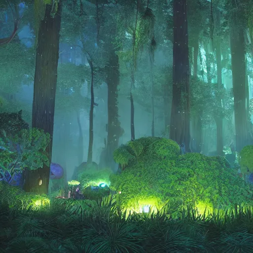 Image similar to scene still of avatar variety bioluminescent forest at night. cinematic cg weta