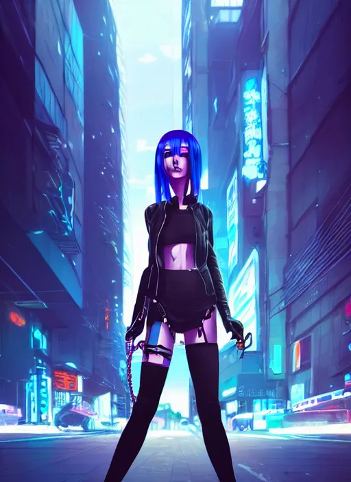 Image similar to hyper realistic photograph portrait of cyberpunk pretty girl with blue hair, wearing a full leather outfit, holding a whip, in city street at night, by makoto shinkai, ilya kuvshinov, lois van baarle, rossdraws, basquiat