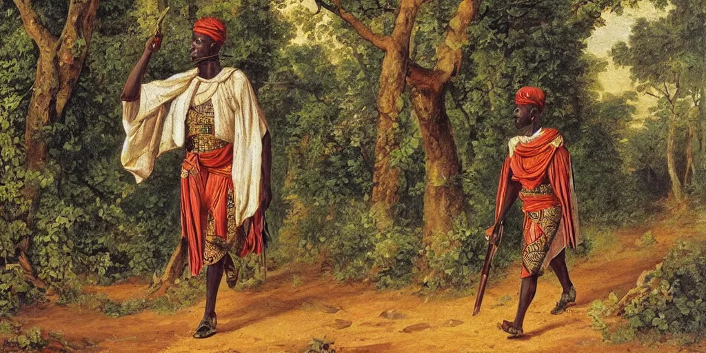 Image similar to ashanti soldier wearing a toga with african print. he is walking through the forest. romanticist painting