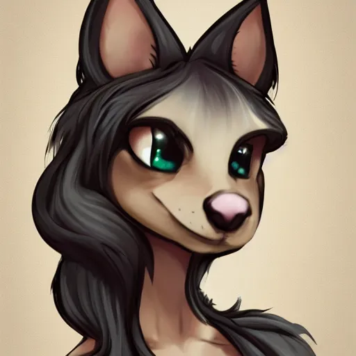 Image similar to headshot of young female furry, D&D, cute, fantasy, intricate, long hair, dark grey skin, mouse face, mouse nose, dark skin, mouse head, mouse ears, black hair, elegant, highly detailed, cartoony, artstation, concept art, smooth, sharp focus, illustration, art by Diives