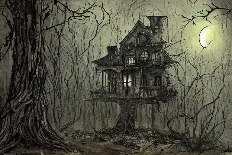 Image similar to mad horror painting of a futuristic alien witch house from another dimension in the woods by ben templesmith