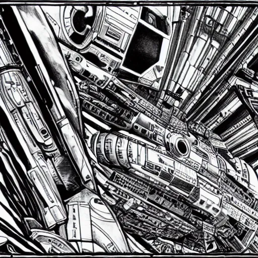 Image similar to black and white drawing of a landed spaceship with greebles, star wars, Nostromo, galactica