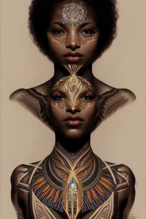 Image similar to symmetrical body portrait of beautiful nubian tribal tattooed young woman, intricate, elegant, highly detailed, digital painting, artstation, concept art, smooth, sharp focus, illustration, art by artgerm and greg rutkowski and alphonse mucha, 8 k