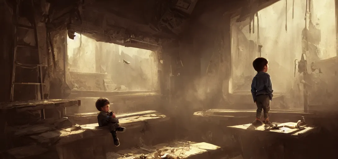 Image similar to a kid sitting in an old attic in front of a magic Image, dramatic lighting, cinematic, establishing shot, extremly high detail, photo realistic, cinematic lighting, post processed, concept art, artstation, matte painting, style by eddie mendoza, raphael lacoste, alex ross