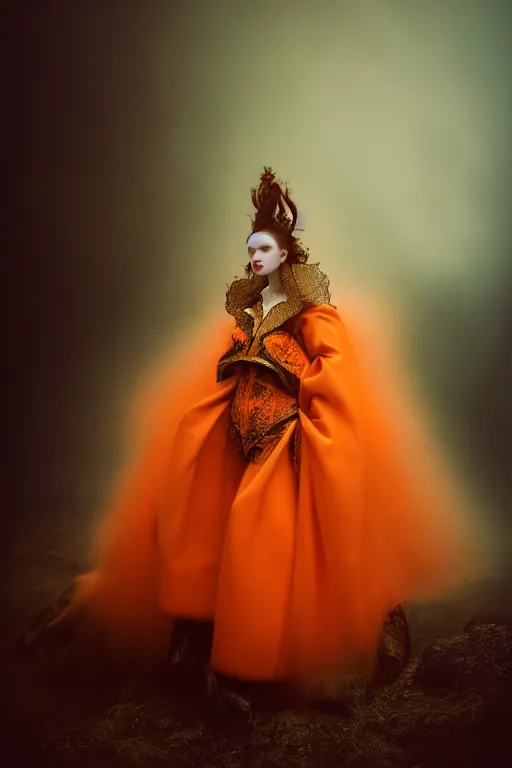 Image similar to a model wearing baroque and fururistic clothing, luxury materials, macro photography, long exposure photograph, surrealism, anamorphic bokeh, cozy, soft light, cyan and orange, caustic, atmospheric fog, octane render, cinematic