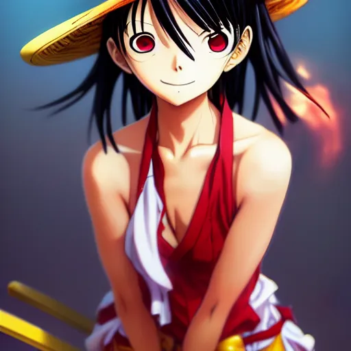 Image similar to anime portrait of luffy as an anime girl by Stanley Artgerm Lau, WLOP, Rossdraws, James Jean, Andrei Riabovitchev, Marc Simonetti, and Sakimichan, trending on artstation
