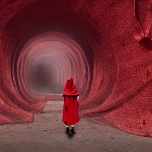 Image similar to a figure covered by red cloth that's blowing in the wind standing in a creepy tunnel with atmospheric light, digital art, concept art, cloth simulation with houdini, octane, redshift, 8 k