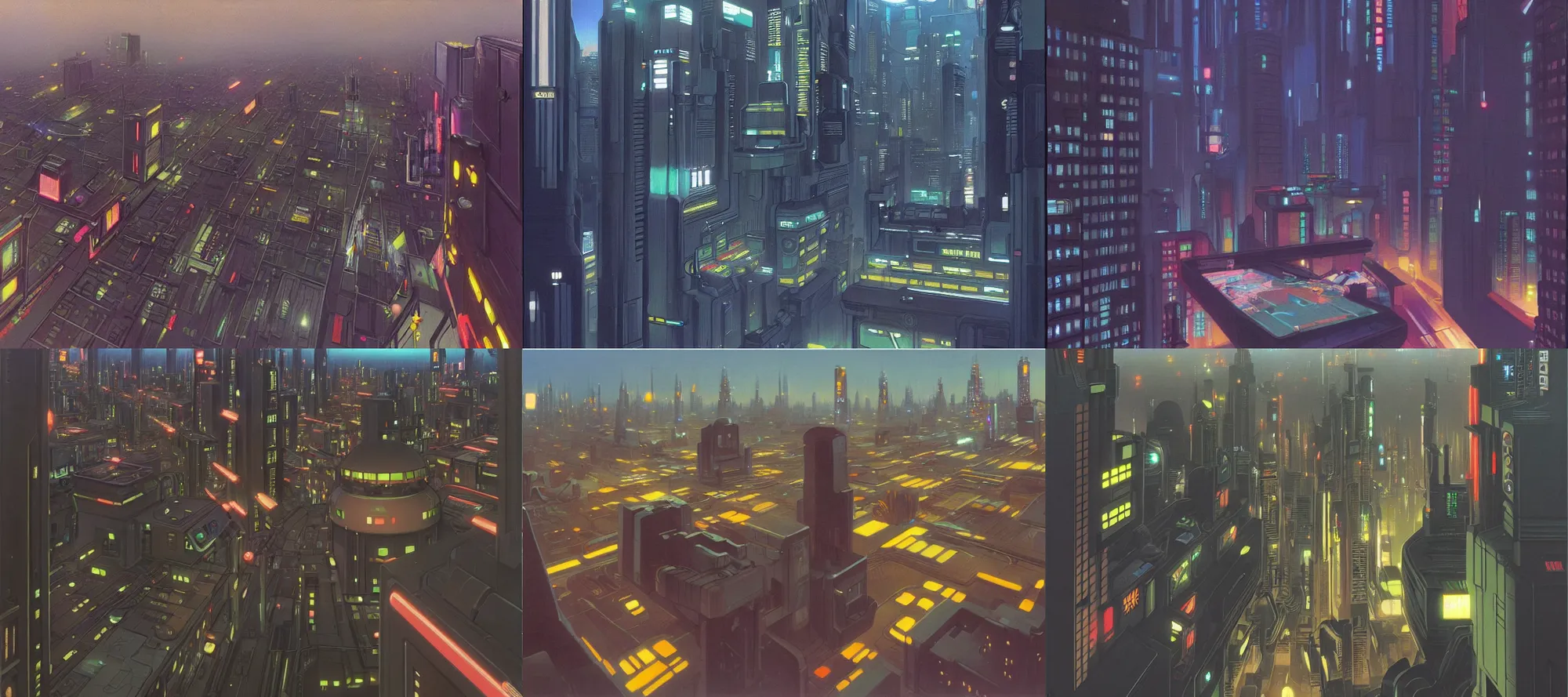 Prompt: night in coronet city, cyberpunk, overhead view, distance shot, painting by ralph mcquarrie