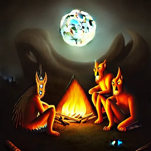 Image similar to strange mythical beasts of sitting around a fire under a full moon, surreal dark uncanny painting by ronny khalil