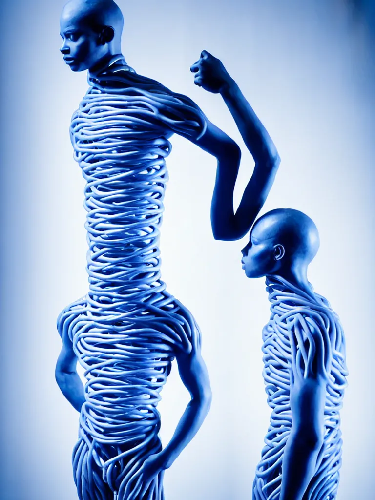 Image similar to a fine art photograph formal self sculpture by the artist kelbv, in realistic style with tubes neatly navigating the contours of his body, and disjoint body pumped full with blue and white ellipsoids, perfect studio lighting.