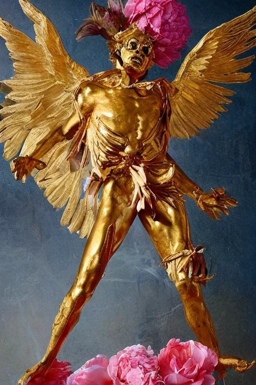 Prompt: Jean-Michel Basquiat as a full-body golden baroque statue of Icarus in the posing like a bird for flight, crown of peach roses, flowing pink-colored silk, fabric, flowers. baroque elements, human skull. full-length view. baroque element. intricate artwork by caravaggio. many many birds birds on background. Trending on artstation. halo. octane render, cinematic, hyper realism, octane render, 8k, depth of field, 3D