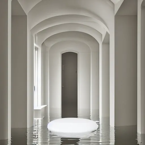 Prompt: a flooded room that leads into a curved hallway, all white ceramic tiles, dark lighting, surreal, liminal space