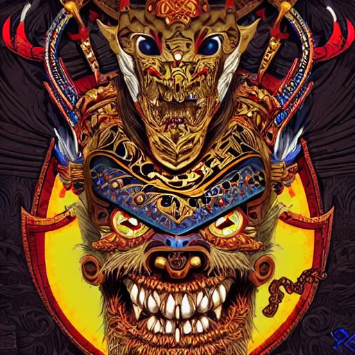 Image similar to barong family ancient sword with jewels, wiwek, mara demon, one single tribe member, jungle, one single mask, dark, ancient warrior, tribal, inner glow, art by dan mumford and justin gerard