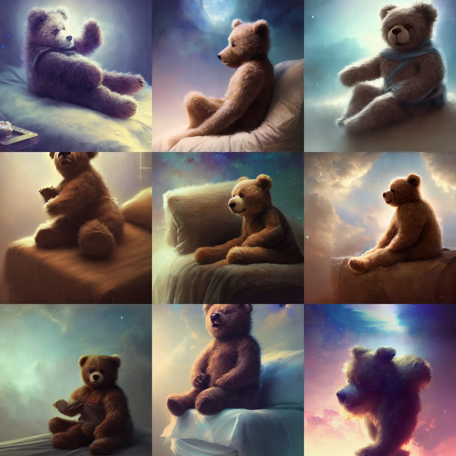 Prompt: a teddybear sitting on a bed, beautiful night sky, 3 d render, hyper - realistic detailed portrait, ruan jia, wlop. scifi, fantasy, magic the gathering, hyper detailed, octane render, concept art, peter mohrbacher