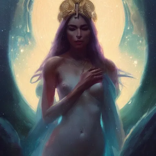 Image similar to a beautiful portrait of a cosmic goddess by Greg Rutkowski, Trending on Artstation, nebula background