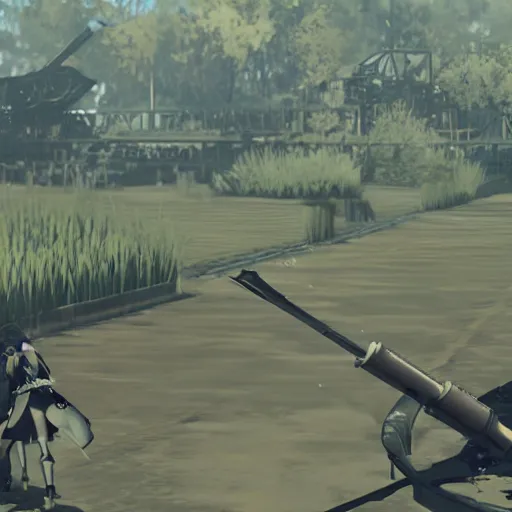 Image similar to a screenshot from nier : automata, with 9 s android fighting a t 3 4 tank in yellow rye field under pure blue skies