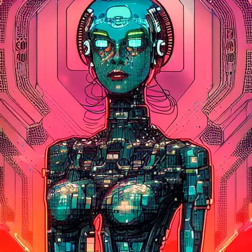 Image similar to a portrait of a beautiful cybernetic woman connected to a synthesizer from hell, wires, cyberpunk concept art by josan gonzales and philippe druillet