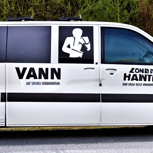 Prompt: a logo for a zombie hunter on the side of a van, modern, minimal,