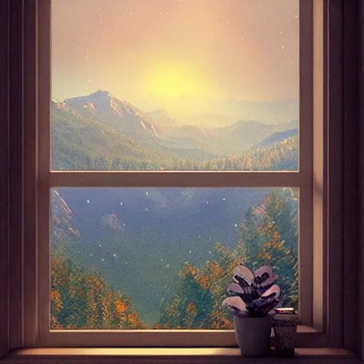 Image similar to a beautiful, mesmerizing landscape seen through a window, digital art, trending on artstation