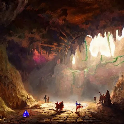 Image similar to medieval childs playing in a cave, there are colorful crystals on the ceiling and on the ground, by greg rutkowski, in the style of magic the gathering, 4k, very detailed