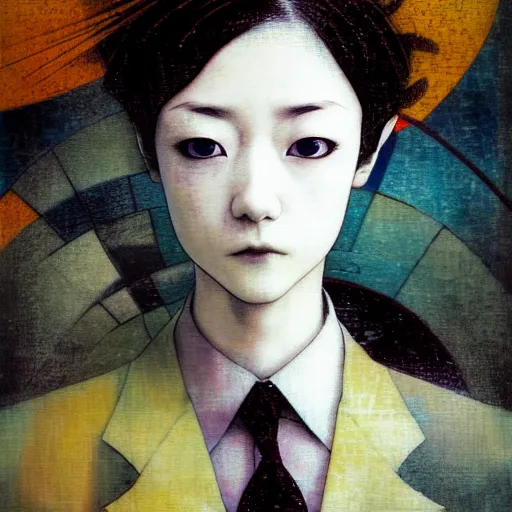 Image similar to yoshitaka amano blurred and dreamy realistic three quarter angle portrait of a young woman with short hair and black eyes wearing office suit with tie, junji ito abstract patterns in the background, satoshi kon anime, noisy film grain effect, highly detailed, renaissance oil painting, weird portrait angle, blurred lost edges