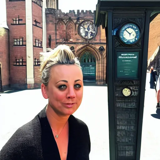 Image similar to A detailed photo of Kaley Cuoco under the Eastgate clock in Chester. Behind her we see a black panther