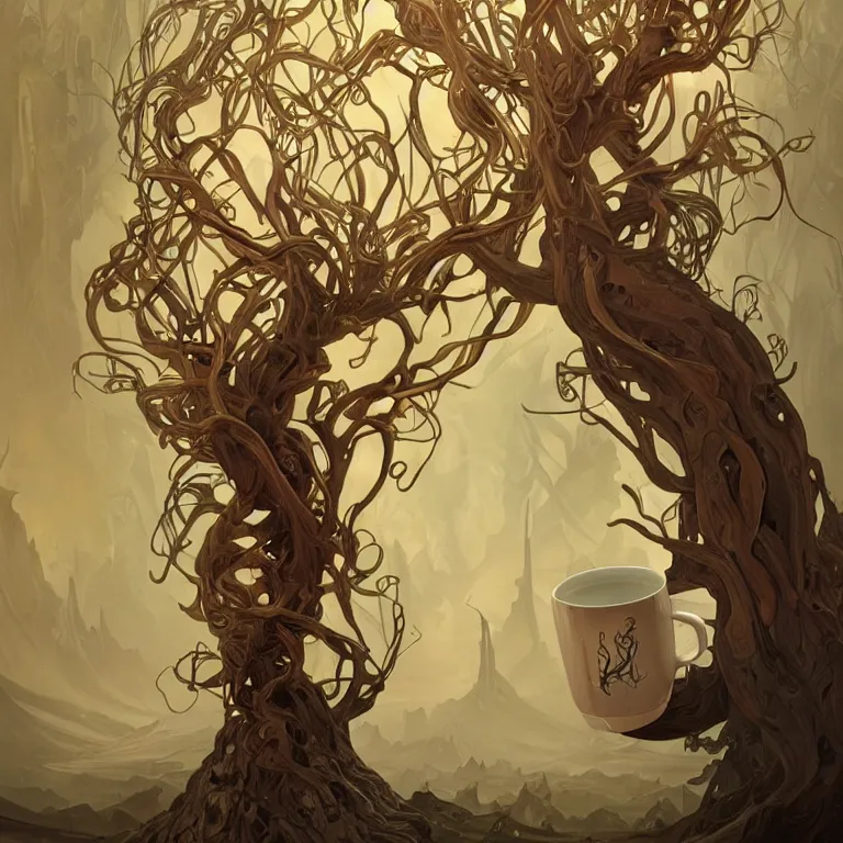 Image similar to a twisted tree of life growing from a mug of hot chocolate, concept art, by Peter Mohrbacher and Alphonse Mucha, detailed, style, 8k, trending on artstation, unreal engine 4k, detailed, clean background trending, full shot, symmetrical portrait, sophisticated, Unreal engine, dystopia, anti-utopia, post processing, psychadelic