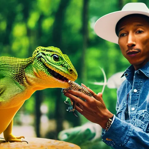Image similar to cinematic film still of Pharrell Williams holding a lizard while Making A Beat with an anthropomorphic alien, Japanese VFX, 2018, 400mm lens, f1.8, shallow depth of field,film photography