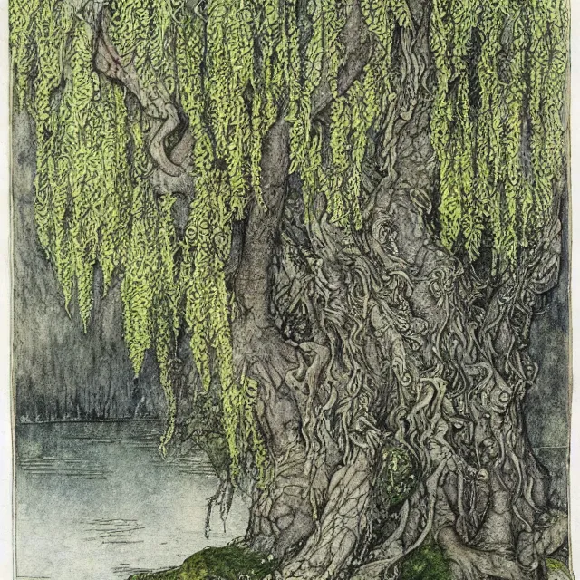 Image similar to a detailed, intricate watercolor and ink illustration with fine lines, of a mossy willow tree by a river, by arthur rackham and edmund dulac and ted nutall