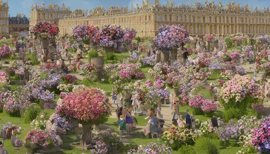 Image similar to palace of versailles covered by flowers, sunny day, crowd, hyperdetailed, artstation, cgsociety, 8 k