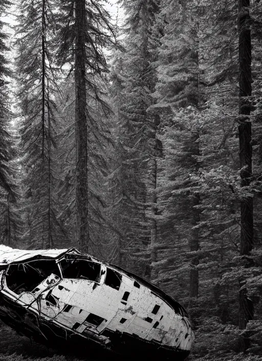 Image similar to crashed vessel in a monochromatic forest