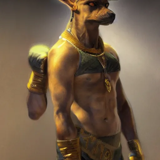 Prompt: anubis as a boxer ready to take on the world champ, boxing ring, strong spotlights, 4 k, trending on artstation, by gaston bussiere, craig mullins, artgerm, greg rutkowski, alphonse mucha