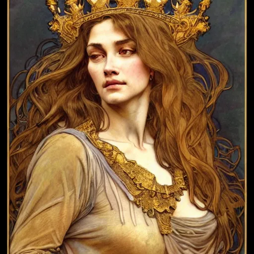 Image similar to highly detailed portrait of a majestic lioness queen in the form of a beautiful woman. d & d, art by anton pieck and augustus edwin mulready and alphonse mucha and magali villeneuve. trending on artstation, intricate details, energetic composition, golden ratio, concept art, illustration, elegant art