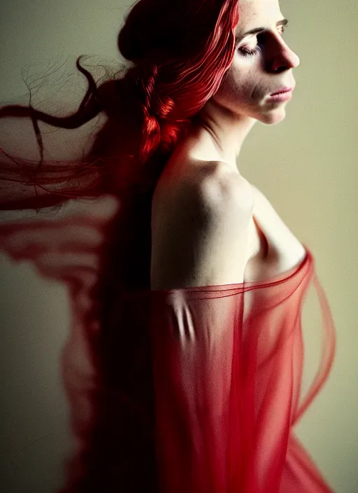 Image similar to portrait photography of a beautiful woman, in fine art photography style of Lindsay Adler- Giovanni Gastel, brit marling style 2/4 , natural color skin pointed in rose, long red hair with an intricate hairstyle, full body dressed with a ethereal transparent voile dress, elegrant, 8K, soft focus, melanchonic soft light, volumetric dramatic lighting, highly detailed Realistic, hyper Refined, Highly Detailed, natural point rose', outdoor sea and storm soft lighting, soft dramatic lighting colors scheme, soft blur lighting, fine art fashion photography